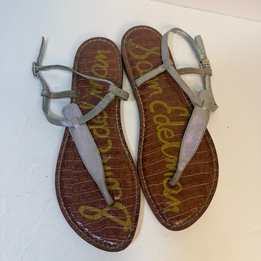 Sam Edelman Gigi Silver Metallic Iridescent Thong Sandals Brown Croc Size 8